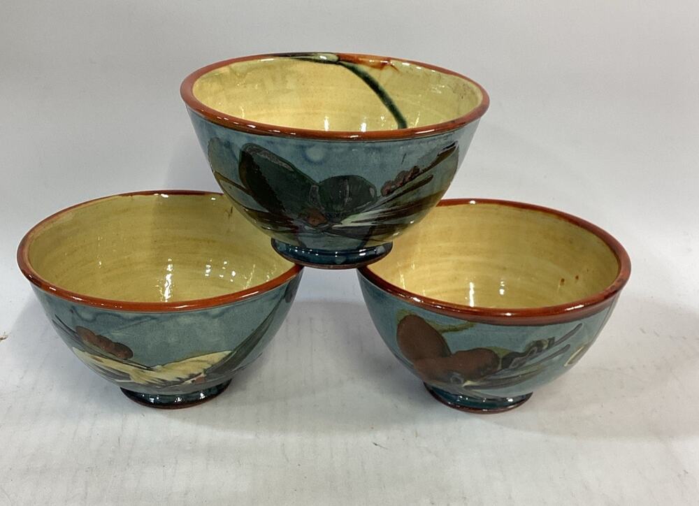 Lot Of 3 Hand Painted Glazed Pottery Bowls - 3.75”Hx6.5”D